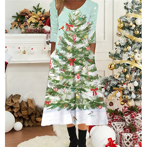 

Women's Christmas Casual Dress Shift Dress Midi Dress Midi Dress Green Blue Wine 3/4 Length Sleeve Plaid Ruched Winter Fall Autumn Round Neck Fashion Daily 2022 S M L XL XXL 3XL