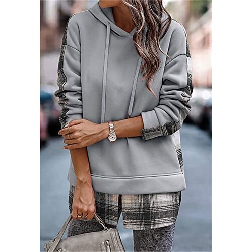 

Women's Hoodie Sweatshirt Pullover Basic Green Black Blue Plaid Street Hoodie Long Sleeve S M L XL