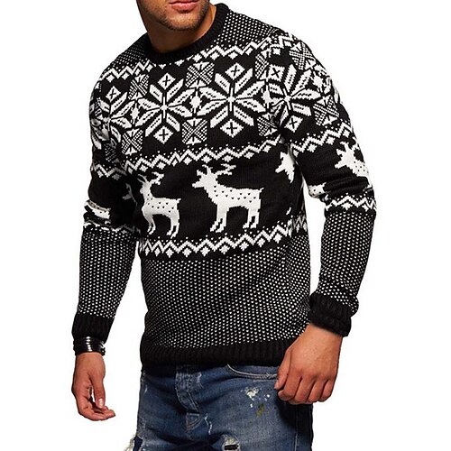 

Men's Sweater Ugly Christmas Sweater Pullover Sweater Jumper Ribbed Knit Cropped Knitted Christmas Pattern Crew Neck Keep Warm Modern Contemporary Christmas Work Clothing Apparel Fall & Winter Black