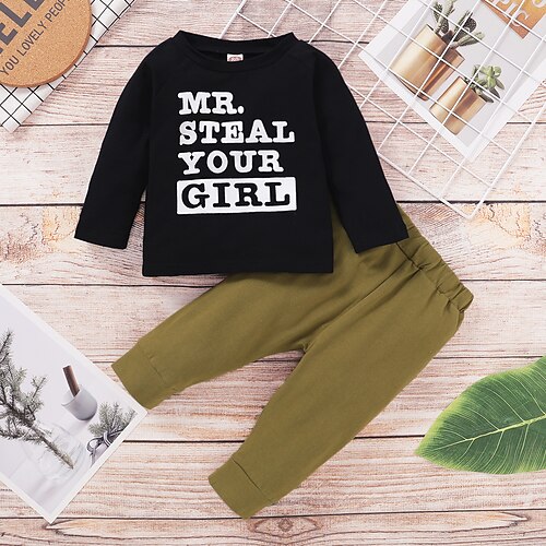

2 Pieces Toddler Boys Sweatshirt & Pants Outfit Letter Long Sleeve Set Casual Active Adorable Winter Fall 3-7 Years Black