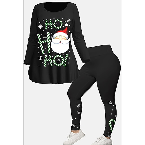 

Women's Plus Size Tops Christmas Set Graphic Cartoon Print Long Sleeve Crew Neck Modern Festival Vacation Polyester Winter Fall Green Black