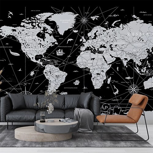 

World Map Wallpaper Mural Black White World Maps Wall Covering Sticker Peel and Stick Removable PVC/Vinyl Material Self Adhesive/Adhesive Required Wall Decor for Living Room Kitchen Bathroom