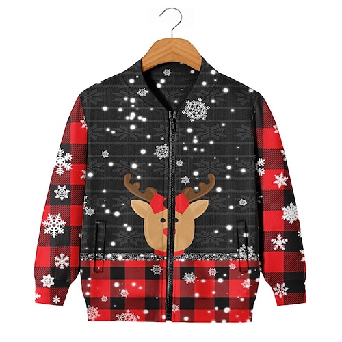 

Kids Boys Ugly Christmas Baseball Jackets Outerwear Animal Plaid Elk Long Sleeve Zipper Coat Casual Adorable Daily Red Winter Fall 7-13 Years