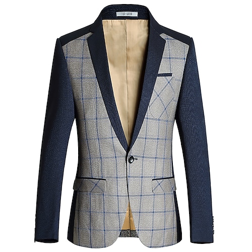 

Men's Fashion Blazer Jacket Regular Standard Fit Checkered Single Breasted One-button Dark Grey Beige 2022