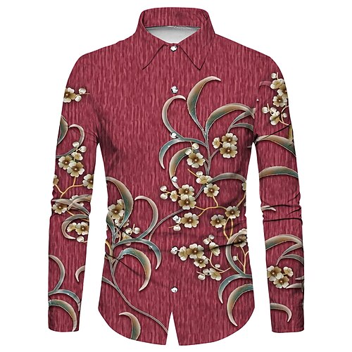 

Men's Shirt Floral Graphic Prints Turndown Red Brown 3D Print Street Casual Long Sleeve Button-Down Print Clothing Apparel Fashion Designer Casual Soft