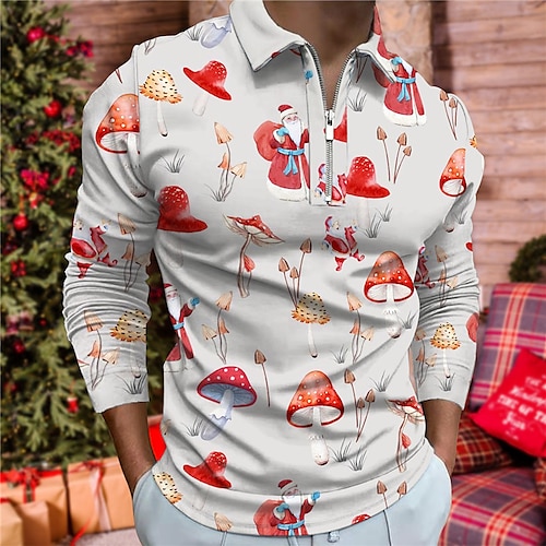 

Men's Collar Polo Shirt Golf Shirt Santa Claus Graphic Prints Mushroom Turndown Blue Red 3D Print Christmas Street Long Sleeve Zipper Print Clothing Apparel Fashion Designer Casual Soft