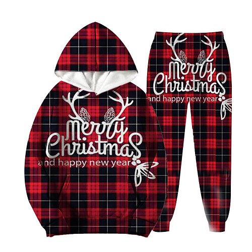 

2 Pieces Kids Boys Ugly Christmas Hoodie & Pants Outfit Plaid Letter Snowflake Long Sleeve Set Casual Fashion Daily Winter Fall 7-13 Years Wine