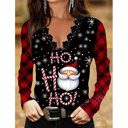 

Women's Blouse Shirt Black Santa Claus Lace Trims Print Long Sleeve Christmas Casual Basic V Neck Regular S