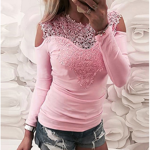 

Women's Blouse Shirt Pink Wine Grey Plain Lace Patchwork Long Sleeve Daily Weekend Streetwear Round Neck Regular S / Cut Out