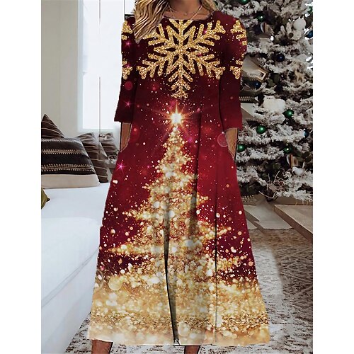 

Women's Casual Dress Shift Dress Midi Dress Midi Dress Green Blue Wine 3/4 Length Sleeve Christmas Tree Ruched Winter Fall Spring Round Neck Fashion Christmas Daily 2022 S M L XL XXL 3XL