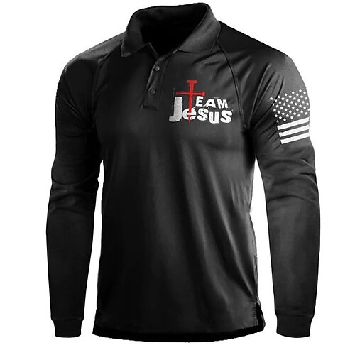 

Men's Polo Shirt Golf Shirt Letter Graphic Prints Cross National Flag Turndown Green Black Blue Red Gray 3D Print Outdoor Street Long Sleeve Button-Down Print Clothing Apparel Fashion Casual Soft