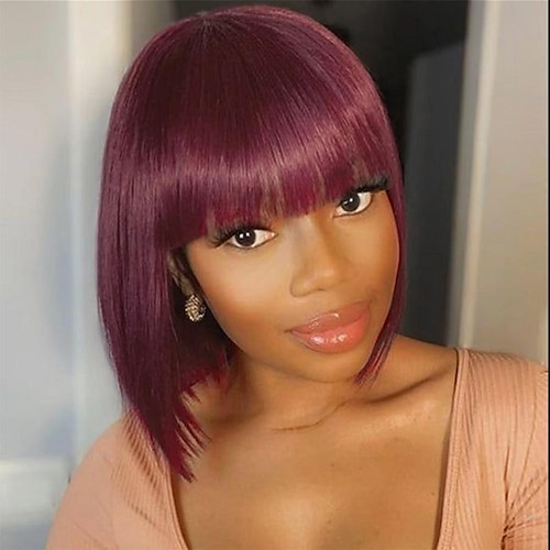 

Short Straight Hair Bob Wigs 99J Burgundy Red Brazilian Human Hair Wig With Bangs Remy Full Machine Made Wig for Women