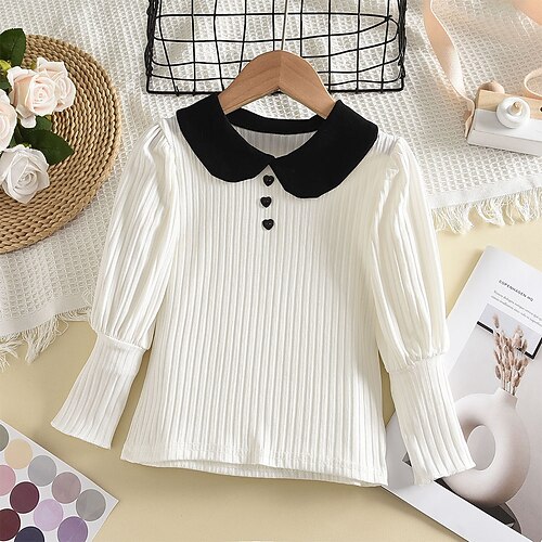 

Toddler Girls' Blouse Solid Color School Long Sleeve Patchwork Cute 3-7 Years Fall Brown White