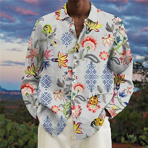 

Men's Shirt Floral Graphic Prints Turndown Green Gray 3D Print Outdoor Street Long Sleeve Button-Down Print Clothing Apparel Fashion Designer Casual Soft