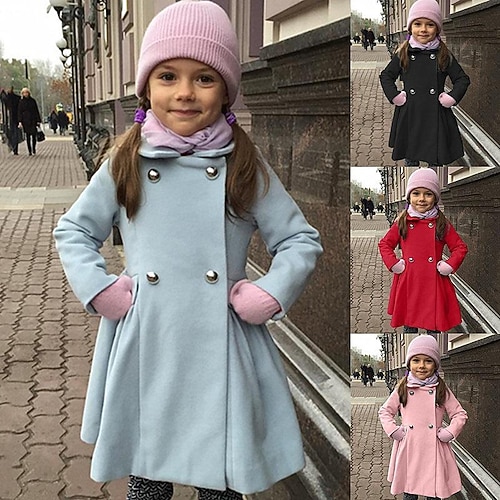 

Toddler Girls' Woolen Coat Solid Color Active Outdoor Coat Outerwear 3-7 Years Winter Black Blue Pink
