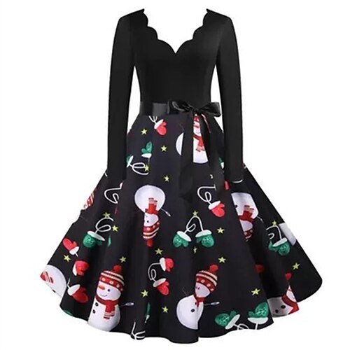 

Women's Swing Dress Mini Dress Black Light Red Red Long Sleeve Santa Claus Patchwork Winter Fall Autumn V Neck Christmas Weekend 2022 S M L XL XXL 3XL