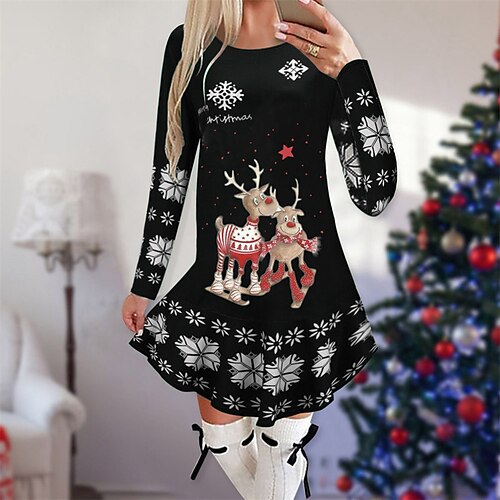 

Women's Christmas Casual Dress Mini Dress Green Black Red Long Sleeve Elk Print Winter Fall Autumn Crew Neck Stylish 2022 S M L XL 2XL