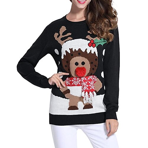 

Women's Ugly Christmas Sweater Pullover Sweater Jumper Ribbed Knit Knitted Animal Crew Neck Stylish Casual Outdoor Christmas Winter Fall Black S M L