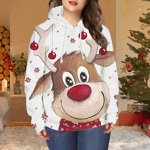 

Women's Plus Size Christmas Tops Hoodie Sweatshirt Animal Deer Print Long Sleeve Hooded Casual Vacation Polyester Winter Fall Blue Navy Blue
