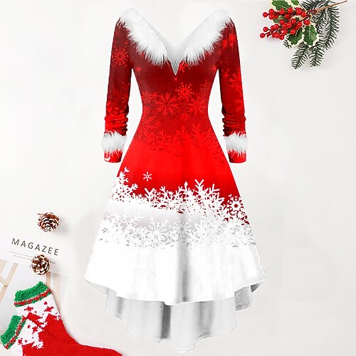 

Women's Christmas Swing Dress Vintage Dress Midi Dress Green Silver Wine Red Brown White Long Sleeve Print Plus High Low Print Winter Fall V Neck Vintage Romantic Traditional 2022 S M L XL 2XL