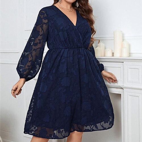 

Women's Plus Size Lace Dress Solid Color V Neck Long Sleeve Winter Fall Elegant Modern Mini Dress Daily Vacation Dress