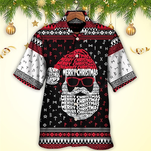 

Men's Shirt Letter Santa Claus Graphic Prints Ugly Christmas Turndown Black 3D Print Christmas Street Short Sleeve Button-Down Print Clothing Apparel Fashion Designer Casual Breathable