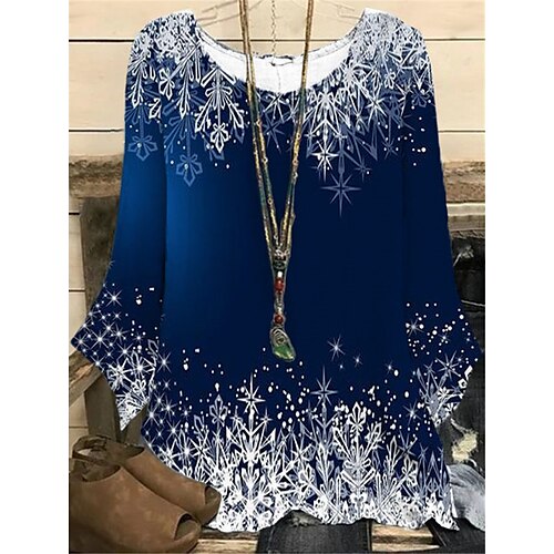 

Damen Hemd Bluse Blau Schneeflocke Bedruckt Langarm Weihnachten Täglich Brautkleider schlicht Urlaub Festival Rundhalsausschnitt Standard Übergröße XL