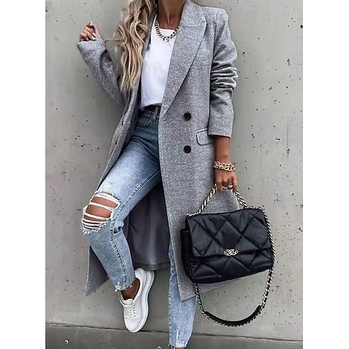 

Women's Coat Comtemporary Contemporary Simple Button Formal Office / Career Street Daily Polyester Long Coat Winter Fall Gray Double Breasted Turndown Regular Fit 3XL