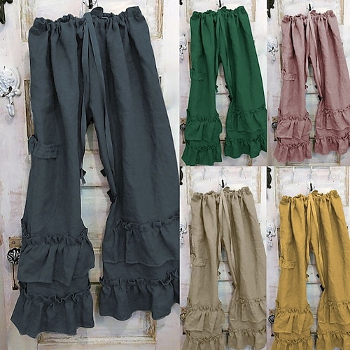 

Women's Pants Trousers Cotton Blend Green Pink Yellow Fashion Casual Weekend Ruffle Wide Leg Full Length Comfort Plain S M L XL XXL