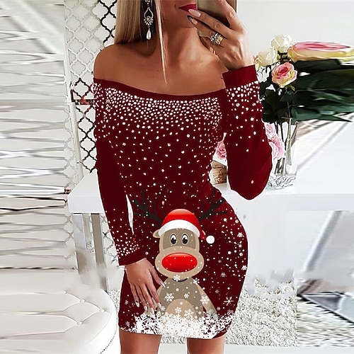 

Women's T Shirt Dress Tee Dress Bodycon Sheath Dress Mini Dress Black Wine Dark Blue Long Sleeve Polka Dot Cold Shoulder Winter Fall Autumn Off Shoulder Basic Christmas Vacation 2022 S M L XL 2XL