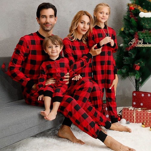 

Christmas Pajamas Family Animal Plaid Letter Home Red Long Sleeve Basic Matching Outfits