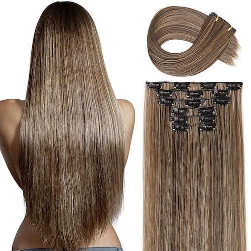 

Clip in Hair Extensions 6Pcs 16 Clips Curly Wavy Straight Thick Clip on Synthetic Hair Extension Hairpieces (24 Inch Deep Brown with Dirty Blonde - Straight)