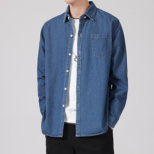 

Herren Hemd Jeanshemd Knopfhemd Sommerhemd Chambray-Hemd Blau Leicht Blau Langarm Glatt Umlegekragen Casual Täglich Button-Down Bekleidung Baumwolle Denim Modisch Strassenmode Klassisch