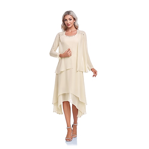 

A-Line Mother of the Bride Dress Elegant Wrap Included Jewel Neck Asymmetrical Tea Length Imitated Silk Sleeveless Wrap Included with Beading Ruffles Embroidery 2022