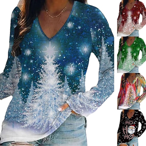 

Women's T shirt Tee Green Black Blue Christmas Tree Print Long Sleeve Christmas Weekend Basic V Neck Regular Painting S
