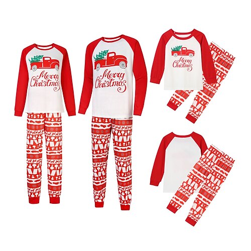 

Christmas Pajamas Family Letter Car Home Crewneck Red Long Sleeve Basic Matching Outfits