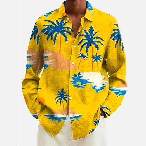 

Men's Shirt Coconut Tree Graphic Prints Turndown Yellow 3D Print Outdoor Street Long Sleeve Button-Down Print Clothing Apparel Fashion Designer Casual Soft