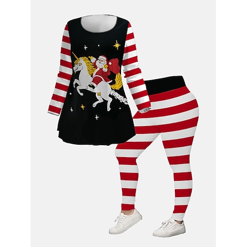 

Women's Plus Size Ugly Christmas Set Santa Claus Print Long Sleeve V Neck Casual Festival Vacation Polyester Winter Fall Black