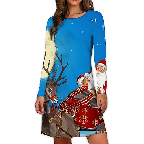 

Women's Casual Dress Sheath Dress Mini Dress Blue Dark Blue Blue Black Long Sleeve Santa Claus Print Winter Fall Spring Crew Neck Fashion Christmas Daily Fall Dress 2022 S M L XL 2XL 3XL 4XL 5XL 6XL