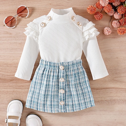 

2 Pieces Toddler Girls' Plaid Skirt & Shirt Set Long Sleeve Active Outdoor 3-7 Years Winter White