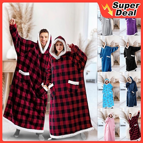 

Women's Couple's Pajamas Nightgown Wearable Blanket Hoodie Blanket Grid / Plaid Pure Color Warm Comfort Oversized Home Christmas Fleece Gift Hoodie Long Sleeve Winter Fall Lake blue Green