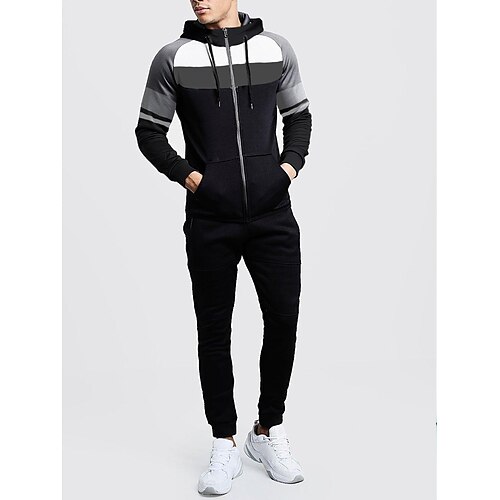 

Men's Tracksuit Sweatsuit Long Sleeve Breathable Fitness Gym Workout Performance Sportswear Activewear Stripes Black Light Grey