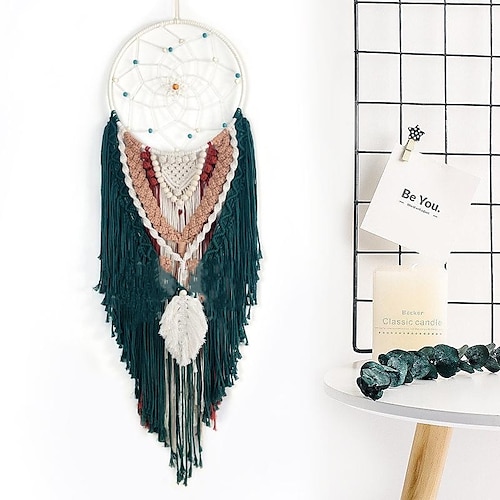 

Christmas Dream Catcher Handmade Gift with Green Feathers Wall Hanging Decor Art Wind Chimes Boho Style Car Hanging Home Pendant 30x125cm/12''x49.2''