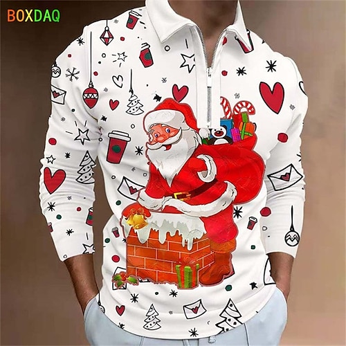 

Men's Polo Shirt Golf Shirt Letter Santa Claus Graphic Prints Turndown WhiteRed Black Blue Navy Blue Blue / White 3D Print Christmas Street Long Sleeve Zipper Print Clothing Apparel Fashion Designer