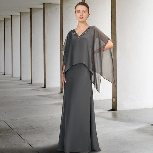 

Linea-A Abito da cerimonia per signora Lussuoso Elegante A V Lungo Chiffon Senza maniche Scialli con Perline Con balze 2023