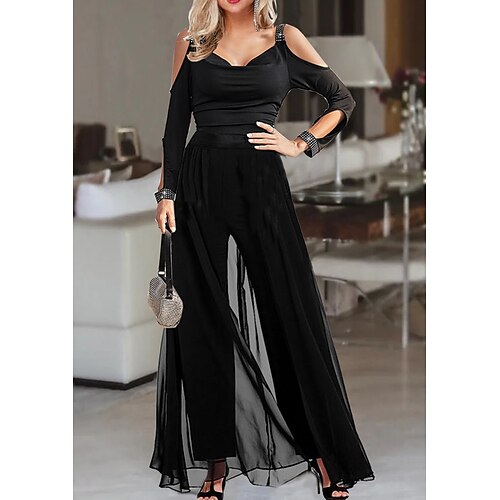 

Women's Jumpsuit Solid Color Cold Shoulder Elegant Party Holiday Straight Regular Fit Long Sleeve Black S M L Winter