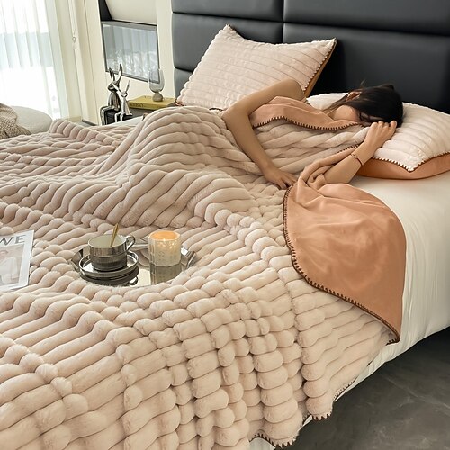 

Solid Color Thickened Warm Rabbit Plush Striped Blanket Casual Sofa Office Blanket Bed Blanket