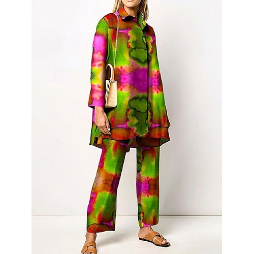 

Mulheres Blusa Conjuntos de calças Calças Roupa de rua Verde Preto Casual Feriado Floral Geométrica Imprimir Colarinho de Camisa S M L XL XXL
