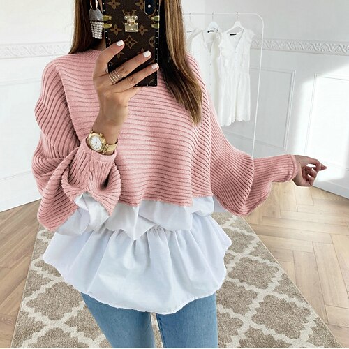 

Women's Shirt Pink Brown Gray Color Block Patchwork Long Sleeve Casual Streetwear Round Neck Regular S