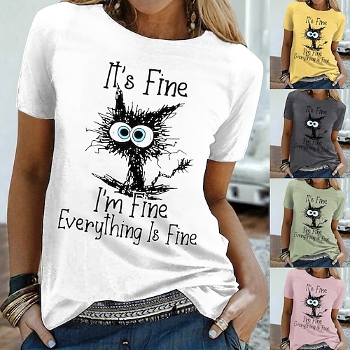 

Women's T shirt Tee Funny Tee Shirt Green Pink Yellow Graphic Cat Print Short Sleeve Casual Weekend Basic Round Neck Regular Cotton I'm Fine Everything Is Fine Cat Painting S